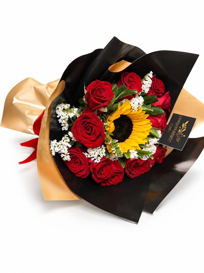 Ramo 12 rosas y 1 Girasol